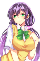 Rule 34 | 10s, 1girl, bad id, bad pixiv id, blouse, breasts, green eyes, large breasts, leaning forward, long hair, looking at viewer, love live!, love live! school idol project, purple hair, school uniform, shirt, short sleeves, simple background, sketch, smile, solo, sweater vest, tojo nozomi, twintails, white shirt, zonana