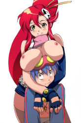 Rule 34 | 00s, 1boy, 1girl, bandages, belt, blue hair, blush, breast rest, breasts, breasts on head, brown eyes, core drill, drill, fingerless gloves, gloves, goggles, goggles on head, hair ornament, huge breasts, ichijiku, long hair, nipples, open clothes, open shirt, pink thighhighs, ponytail, red hair, scarf, shirt, shorts, simon (ttgl), size difference, small nipples, smile, tengen toppa gurren lagann, thighhighs, topless, towering, yoko littner