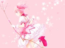 Rule 34 | 10s, 1girl, arya (tianhua), bow, bow (weapon), bubble skirt, gloves, hair bow, kaname madoka, magical girl, mahou shoujo madoka magica, mahou shoujo madoka magica (anime), pink eyes, pink hair, revision, short hair, short twintails, skirt, smile, solo, twintails, weapon