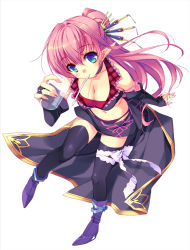 Rule 34 | 1girl, bad id, bad pixiv id, bare shoulders, black thighhighs, breasts, bridal gauntlets, cleavage, cup, drinking straw, from above, hair ornament, long hair, medium breasts, midriff, miniskirt, mouth hold, multicolored eyes, navel, original, pink hair, pointy ears, ribbon, satsuki misuzu, simple background, sitting, skirt, solo, thighhighs, zettai ryouiki