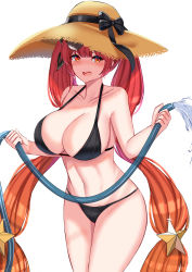 Rule 34 | 1girl, absurdres, azur lane, bikini, black bikini, black ribbon, breasts, cleavage, collarbone, commentary, commission, cowboy shot, english commentary, eyebrows hidden by hair, eyewear on head, hair ornament, halterneck, hat, highres, holding, holding hose, honolulu (azur lane), honolulu (summer accident?!) (azur lane), hose, kanta (kanta 077), large breasts, long hair, looking at viewer, navel, red hair, ribbon, standing, star (symbol), star hair ornament, starfish, stomach, straw hat, sunglasses, sunglasses on head, swimsuit, teeth, thighs, upper teeth only, very long hair, white background