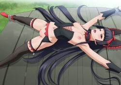 Rule 34 | 1girl, bdsm, black corset, black hair, black thighhighs, blunt bangs, blush, bondage, bottomless, bound, breasts, choker, commission, corset, female focus, frills, garter belt, garter straps, gate - jieitai ka no chi nite kaku tatakaeri, gothic lolita, hime cut, lipstick, lolita fashion, long hair, looking at viewer, lying, makeup, medium breasts, navel, nipples, no bra, on back, open mouth, outdoors, pixiv commission, pussy, red eyes, red lips, restrained, rope, rory mercury, small breasts, solo, stationary restraints, thighhighs, tooo, wrist cuffs
