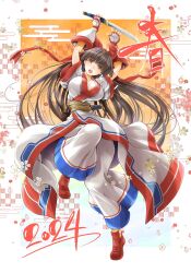 Rule 34 | 1girl, ainu clothes, arms up, breasts, brown eyes, brown hair, cleavage, fingerless gloves, gloves, hair ribbon, highres, large breasts, legs, long hair, nakoruru, new year, open mouth, pants, ribbon, samurai spirits, smile, snk, solo, the king of fighters, thighs, weapon