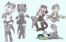Rule 34 | 3girls, absurdres, animal ears, bare shoulders, blonde hair, clothes writing, commentary request, elbow gloves, fictional persona, fingerless gloves, flying sweatdrops, frilled swimsuit, frills, fur collar, giant otter (kemono friends), gloves, grey eyes, grey gloves, grey hair, grey legwear, grey one-piece swimsuit, height difference, highres, holding person, kemono friends, key, lanyard, long hair, multicolored hair, multiple girls, multiple views, notepad, one-piece swimsuit, original, otter ears, otter girl, otter tail, pen, red hair, short hair, small-clawed otter (kemono friends), swimming, swimsuit, tail, thighhighs, toeless legwear, toki reatle, translation request, two-tone swimsuit, white fur, white hair, white one-piece swimsuit, zettai ryouiki