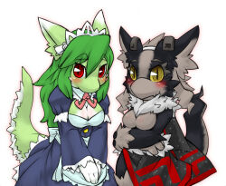 Rule 34 | 2girls, animal ears, apron, black fur, blue apron, blush, body fur, breasts, cape, cleavage, cleavage cutout, closed mouth, clothing cutout, colored sclera, crossed arms, dress, earclip, female focus, frilled dress, frilled sleeves, frills, furry, furry female, green fur, green hair, grey fur, grey hair, hair between eyes, hairband, juliet sleeves, kame (3t), loincloth, long hair, long sleeves, looking at viewer, maid, maid headdress, medium breasts, medium hair, multiple girls, neck fur, neck ribbon, no nipples, original, outline, own hands together, puffy sleeves, red cape, red eyes, red outline, red ribbon, ribbon, sidelocks, simple background, slit pupils, standing, tail, tail raised, two-tone fur, v arms, waist apron, white background, white fur, white hairband, yellow eyes, yellow sclera