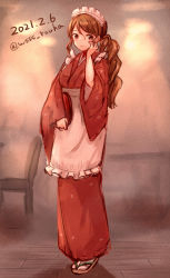 Rule 34 | 1girl, alternate costume, apron, brown eyes, brown hair, commentary request, enmaided, frilled apron, frills, full body, hand on own face, highres, japanese clothes, kantai collection, kimono, littorio (kancolle), long hair, looking at viewer, maid, maid headdress, mature female, one-hour drawing challenge, ponytail, red kimono, sandals, solo, standing, tray, wa maid, waitress, wavy hair, white apron, wss (nicoseiga19993411)