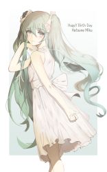 Rule 34 | 1girl, absurdres, bare arms, bare shoulders, blush, bow, character name, cizzi, closed mouth, commentary request, dress, gradient background, green background, green eyes, green hair, hair between eyes, hair bow, hand up, happy birthday, hatsune miku, highres, long hair, looking at viewer, looking to the side, sleeveless, sleeveless dress, smile, solo, twintails, two-tone background, very long hair, vocaloid, white background, white bow, white dress