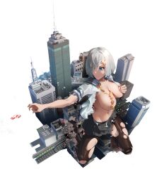 Rule 34 | 1girl, absurdres, aircraft, black pantyhose, blue eyes, blue sailor collar, breasts, building, cleavage, giant, giantess, grey hair, grey skirt, hair ornament, hair over one eye, hairpin, hamakaze (kancolle), helicopter, highres, kantai collection, large breasts, looking at another, medium hair, miniskirt, navel, neckerchief, pantyhose, sailor collar, school uniform, serafuku, skirt, skyscraper, solo, still wel, torn clothes, torn pantyhose, white serafuku