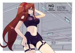 1girl bare_shoulders black_bra black_shorts bra breasts brown_hair cowboy_shot green_eyes high_ponytail indoors iris_(mega_man) large_breasts long_hair mega_man_(series) mega_man_x_(series) mega_man_x_dive ponytail rikka_(user_hruv2435) shorts solo sports_bra underwear watermark