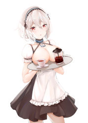 Rule 34 | 1girl, absurdres, anchor choker, apron, azur lane, blush, breast rest, breasts, breasts on tray, breasts out, carried breast rest, carrying, chanifge, choker, cleavage, collarbone, commentary, convenient censoring, cowboy shot, cup, dress, frilled apron, frilled choker, frills, hair between eyes, hairband, highres, holding, holding tray, large breasts, maid, maid apron, parted lips, puffy short sleeves, puffy sleeves, red eyes, saucer, short hair, short sleeves, signature, simple background, sirius (azur lane), solo, tareme, tea, teacup, teapot, tray, white background, white hair
