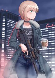 Rule 34 | 1girl, absurdres, blonde hair, blue pants, body armor, bulletproof vest, bullpup, coffee cup, cup, denim, disposable cup, english text, expressionless, fur-trimmed jacket, fur trim, green eyes, green jacket, gun, highres, holding, holding cup, holding weapon, jacket, jeans, kzm (sub-moa works), original, p90, pants, personal defense weapon, police, police uniform, policewoman, short hair, solo, submachine gun, suppressor, uniform, weapon