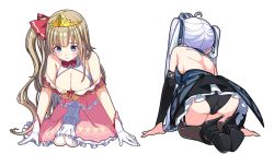 Rule 34 | 2girls, aria (prison princess), ass, back, backless dress, backless outfit, black panties, blue eyes, breasts, bridal gauntlets, cleavage, crown, dress, full body, garter straps, gloves, high heels, kneeling, large breasts, light brown hair, long hair, mini crown, multiple girls, official art, one side up, panties, prison princess, strappy heels, thighhighs, tiara, transparent background, twintails, underwear, white gloves, white hair, zena (prison princess)