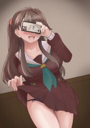 Rule 34 | 1girl, aokiotemoto, black panties, breasts, brown dress, brown hair, cellphone, clothes lift, collarbone, commentary, covering own eyes, cowboy shot, dress, dress lift, dutch angle, facing viewer, fujishima megumi, green neckerchief, hasu no sora school uniform, highres, holding, holding phone, iphone 11 pro, large breasts, lifting own clothes, link! like! love live!, long hair, long sleeves, love live!, neckerchief, open mouth, panties, phone, sailor collar, sailor dress, school uniform, short dress, smartphone, smile, solo, split mouth, two side up, underwear, virtual youtuber, white sailor collar, winter uniform