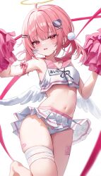 Rule 34 | 1girl, @ @, absurdres, angel wings, bandaged leg, bandages, bandaid on thigh, blush, bow, bow panties, breasts, cheerleader, commentary request, crop top, cropped shirt, fang, hair ornament, hairclip, halo, hands up, heart, heart hair ornament, highres, holding, holding pom poms, leg up, looking at viewer, mini wings, miniskirt, mole, mole under eye, navel, open mouth, original, panties, pink eyes, pink hair, pink sailor collar, pleated skirt, pom pom (cheerleading), pom pom (clothes), pom pom hair ornament, pom poms, riko (rik0ring), sailor collar, shirt, sidelocks, simple background, skin fang, skindentation, skirt, sleeveless, sleeveless shirt, small breasts, solo, standing, standing on one leg, stomach, sweat, thighs, underwear, white background, white panties, white wings, wings