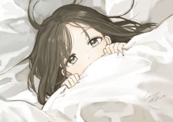 Rule 34 | 1girl, absurdres, bed sheet, black hair, commentary request, covered mouth, grey eyes, half-closed eyes, hands up, highres, looking at viewer, lying, on back, original, parted bangs, pillow, pomu (joynet), signature, solo, under covers