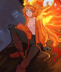 Rule 34 | 1girl, absurdres, boots, breasts, cityscape, fiery hair, fire, freckles, gloves, green eyes, highres, ishmael (project moon), lace, limbus company, nipples, orange hair, pants, project moon, sitting, small breasts, unamused, yamapollogee