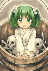 Rule 34 | 1girl, absurdres, blush, bone, bucket, green eyes, green hair, hair bobbles, hair ornament, highres, in bucket, in container, japanese clothes, kimono, kisume, kneeling, looking at viewer, maa (forsythia1729), short hair, skull, solo, touhou, traditional media, twintails, wide sleeves, wooden bucket