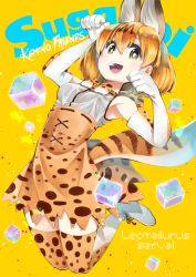 Rule 34 | 10s, 1girl, 2girls, :d, animal ears, armpits, arms up, artist name, bow, bowtie, breasts, brown eyes, brown skirt, clenched hand, copyright name, elbow gloves, extra ears, gloves, hair between eyes, high-waist skirt, highres, kemono friends, looking at viewer, multiple girls, open mouth, pawoo username, print gloves, print neckwear, rainys bill, ribbon-trimmed skirt, ribbon trim, round teeth, serval (kemono friends), serval print, serval tail, shirt, shoes, skirt, sleeveless, sleeveless shirt, small breasts, smile, striped tail, tail, teeth, text focus, thighhighs, tongue, twitter username, white shirt, yellow background, zettai ryouiki