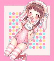 Rule 34 | 1girl, animal ears, bib, blush, brown eyes, brown hair, child, clenched hands, clothes writing, fake animal ears, hat, heart, heart print, highres, kneeling, leotard, long hair, low twintails, mouth hold, original, pacifier, pink background, pink hat, pink leotard, pink thighhighs, print leotard, rabbit ears, solo, striped clothes, striped thighhighs, thighhighs, thighs, twintails, usamiru