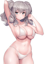 Rule 34 | 1girl, arm up, armpits, bare shoulders, bikini, blue eyes, blush, breasts, cleavage, collarbone, grey hair, hair between eyes, highres, kantai collection, kashima (kancolle), large breasts, long hair, looking at viewer, navel, siesta (artist), simple background, skindentation, solo, string bikini, swimsuit, twintails, wavy hair, white background, white bikini