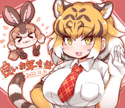 Rule 34 | &gt; &lt;, 2girls, animal ears, black hair, blush, breast pocket, breasts, collared shirt, dated, elbow gloves, fang, gloves, japanese hare (kemono friends), kemono friends, large breasts, long hair, looking at viewer, multicolored clothes, multicolored gloves, multicolored hair, multiple girls, necktie, open mouth, orange gloves, orange hair, pocket, red necktie, shirt, smile, tail, tanaka kusao, tiger (kemono friends), tiger ears, tiger girl, tiger tail, translation request, upper body, white gloves, white hair, white shirt, yellow eyes