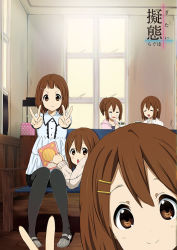 Rule 34 | 5girls, alternate hairstyle, bad id, bad pixiv id, blush, brown eyes, brown hair, couch, cover, double v, dress, hair ornament, hairclip, hirasawa yui, k-on!, multiple girls, multiple persona, official style, pantyhose, peeking, ponytail, ragho no erika, school uniform, short hair, sitting, smile, tears, v, aged down