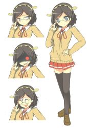 Rule 34 | 10s, 1girl, adjusting eyewear, alternate costume, bad id, bad pixiv id, black hair, cardigan, expressions, glasses, hairband, hand on own hip, highres, kantai collection, kirishima (kancolle), loafers, nabu, nabu (xday), school uniform, shaded face, shoes, short hair, smile, solo, thighhighs