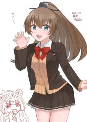 Rule 34 | 2girls, beige cardigan, blazer, blue eyes, bobokuboboku, brown hair, brown jacket, brown skirt, cardigan, character name, commentary request, curled fingers, dated, frilled skirt, frills, highres, jacket, kantai collection, kuma (kancolle), kumano (kancolle), kumano kai ni (kancolle), leaning forward, long hair, looking at viewer, multiple girls, one-hour drawing challenge, pleated skirt, ponytail, school uniform, simple background, skirt, solo focus, twitter username, white background