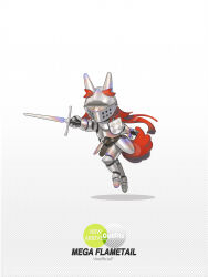 Rule 34 | 1girl, animal ear fluff, arknights, armor, character name, flametail (arknights), full armor, full body, gradient background, helm, helmet, highres, holding, holding sword, holding weapon, long hair, lounging, norizc, red hair, simple background, solo, sword, weapon, white background