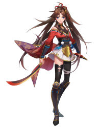 Rule 34 | 1girl, arm guards, asymmetrical legwear, bare shoulders, black thighhighs, blue eyes, brown hair, full body, hair ornament, holding, holding sword, holding weapon, japanese clothes, long hair, long sleeves, looking at viewer, official art, pom pom (clothes), serious, sheath, simple background, skirt, solo, standing, sword, tenshi mikadokuni, thighhighs, uneven legwear, very long hair, weapon, white background, zettai ryouiki