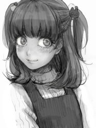 Rule 34 | 1girl, blunt bangs, blush, greyscale, hair bobbles, hair ornament, looking to the side, medium hair, monochrome, original, short twintails, sketch, smile, solo, turtleneck, twintails, yuki touko