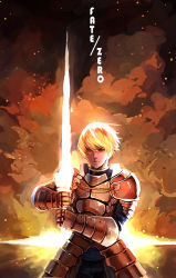 Rule 34 | 1boy, armor, arthur pendragon (fate), bad id, bad pixiv id, blonde hair, copyright name, excalibur (fate/stay night), fate/prototype, fate/zero, fate (series), glowing, glowing sword, glowing weapon, highres, male focus, short hair, solo, sword, weapon, yellow eyes, zhuxiao517