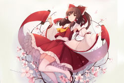 Rule 34 | 1girl, bow, brown hair, cherry blossoms, detached sleeves, gradient background, hair bow, hair tubes, hakurei reimu, highres, long hair, scroll, solo, thighhighs, touhou, yingji (zszero)