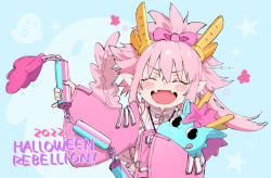 Rule 34 | 1girl, 2022, blush stickers, bow, citron80citron, closed eyes, commentary request, detached sleeves, dragon girl, dragon tail, elizabeth bathory (fate), english text, facing viewer, fangs, fate/grand order, fate (series), hair bow, kumonryuu eliza (fate), long hair, open mouth, pink hair, pink sleeves, pointy ears, simple background, skin fangs, solo, star (symbol), starry background, tail, three section staff, twitter username, upper body, wide sleeves