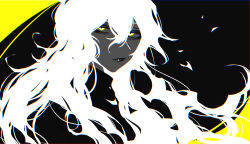 Rule 34 | 1boy, alternate color, bags under eyes, black background, black lips, bomuchi, chromatic aberration, colored skin, expressions, fiery hair, flat color, grey skin, hair between eyes, idia shroud, limited palette, long hair, long sleeves, looking at viewer, male focus, no lineart, simple background, solo, turtleneck, twisted wonderland, two-tone background, white hair, yellow background, yellow eyes