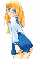 1girl akatsuki_(akatsukishiki) akatsuki_(artist) blonde_hair blue_eyes female_focus glasses highres looking_back school_uniform serafuku solo