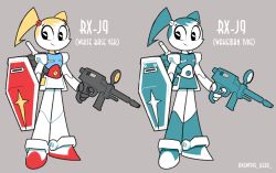 Rule 34 | 1girl, android, beam rifle, black eyes, blonde hair, blue hair, commentary, energy gun, fusion, grey background, gun, gundam, holding, holding gun, holding shield, holding weapon, jenny wakeman, mobile suit gundam, my life as a teenage robot, newtype hero, no humans, robot, rx-78-2, science fiction, shield, smile, twintails, twitter username, variations, weapon