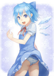 Rule 34 | 1girl, ass, bad id, bad nicoseiga id, blue dress, blue eyes, blue hair, cirno, clothes lift, dress, dress lift, matching hair/eyes, open mouth, panties, pantyshot, smile, snowflakes, solo, striped clothes, striped panties, sugimeno, touhou, underwear, wind, wind lift, wings
