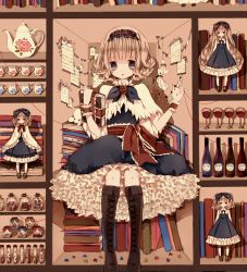 Rule 34 | 1girl, :o, alice margatroid, blonde hair, blue dress, blue eyes, book, book stack, bookshelf, boots, bottle, brown footwear, bunting, capelet, checkerboard cookie, cookie, cross-laced footwear, cup, doll, dress, drinking glass, floral print, flower in jar, food, grimoire of alice, hairband, holding, holding sword, holding weapon, jar, knee boots, lace-up boots, lolita hairband, maipiku muji zhong, open mouth, pennant, petticoat, puzzle piece, rose print, sheet music, shelf, short hair, sitting, solo, string, string of fate, string of flags, sword, teapot, teruterubouzu, test tube, touhou, wavy hair, weapon, wine glass, wrist cuffs