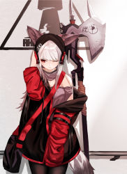 Rule 34 | 1girl, absurdres, animal ears, arknights, arm at side, axe, bag, beanie, belt buckle, black pantyhose, breasts, buckle, cowboy shot, detached collar, detached sleeves, ears through headwear, fox ears, fox girl, fox tail, frostleaf (arknights), grey shirt, hand on headphones, hat, headphones, highres, leaning back, light smile, long hair, long sleeves, messenger bag, off-shoulder shirt, off shoulder, one eye closed, pantyhose, polearm, red eyes, rhodes island logo (arknights), sawatani ( swt2), shirt, shoulder bag, sidelocks, sleeves past fingers, sleeves past wrists, solo, strap, tail, weapon, white background, white hair