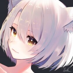 Rule 34 | 1girl, animal ear fluff, animal ears, black background, braid, brown eyes, closed mouth, collarbone, commentary request, grey hair, hair between eyes, highres, kyosuke1413koba, looking at viewer, mio (xenoblade), portrait, short hair, signature, simple background, smile, solo, xenoblade chronicles (series), xenoblade chronicles 3
