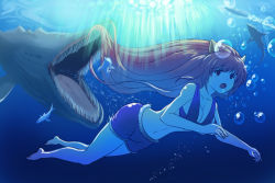 Rule 34 | 00s, 1girl, air bubble, animal ears, bad id, bad pixiv id, bare legs, barefoot, bikini, bikini top only, breath, bubble, cutoffs, denim, denim shorts, diving, dungeon and fighter, fish, freediving, holding breath, hybiss, long hair, monster, open mouth, shorts, swimming, swimsuit, underwater