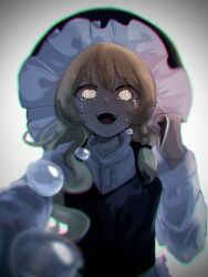 Rule 34 | 1girl, @ @, black vest, blonde hair, braid, chromatic aberration, commentary request, crazy eyes, crying, crying with eyes open, film grain, foreshortening, from below, glowing, glowing eyes, hair tie, hand up, hat, highres, holding, holding knife, incoming attack, karasu2020 8, kirisame marisa, knife, long hair, long sleeves, looking at viewer, open mouth, outstretched arm, pov, shirt, simple background, single braid, solo, teardrop, tears, teeth, touhou, turtleneck, upper teeth only, vest, white background, white shirt, witch hat, yellow eyes