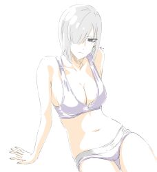 Rule 34 | 1girl, bob cut, breasts, cleavage, collarbone, colored eyelashes, fiona frost, hair over one eye, highres, large breasts, leaning back, looking at viewer, medium hair, mitsugu, navel, simple background, solo, spy x family, swimsuit, white background, white hair