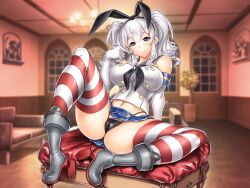 Rule 34 | 1girl, animal ears, blue eyes, breasts, cameltoe, commentary request, cosplay, elbow gloves, fake animal ears, gloves, grey hair, high heels, highleg, highleg panties, highres, hiyohiyo, indoors, kantai collection, kashima (kancolle), large breasts, microskirt, miniskirt, panties, rudder footwear, school uniform, serafuku, shimakaze (kancolle), shimakaze (kancolle) (cosplay), sitting, skirt, smile, solo, thong, twintails, underwear, white gloves, window