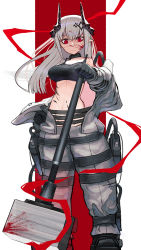 Rule 34 | 1girl, arknights, black bra, black footwear, black gloves, blood, blood splatter, bloody weapon, boots, bra, breasts, closed mouth, gino (gino h), gloves, grey jacket, grey pants, hammer, highres, holding, holding weapon, horns, jacket, large breasts, looking at viewer, mudrock (arknights), mudrock (elite ii) (arknights), off shoulder, open clothes, open jacket, pants, pointy ears, red eyes, slit pupils, solo, standing, underwear, weapon, wide-eyed