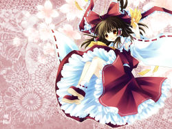 Rule 34 | 1girl, ascot, bow, brown hair, cherry blossoms, detached sleeves, female focus, flower, frilled bow, frilled shirt collar, frills, hair bow, hair tubes, hakurei reimu, highres, japanese clothes, mary janes, miko, nontraditional miko, open mouth, orange eyes, red bow, red footwear, red ribbon, red shirt, red skirt, ribbon, ribbon-trimmed sleeves, ribbon trim, sakurazawa izumi, shirt, shoes, skirt, socks, solo, touhou, wallpaper, white skirt, white sleeves, white socks, yellow ascot