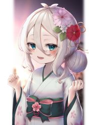Rule 34 | 1girl, :d, aged down, antenna hair, bad id, bad pixiv id, blue eyes, blurry, blurry background, blush, bow, commentary request, flower, hair between eyes, hair bun, hair flower, hair ornament, highres, hinamayo, japanese clothes, kimono, kokkoro (princess connect!), kokkoro (real) (princess connect!), long sleeves, looking at viewer, medium hair, obi, open mouth, princess connect!, sash, sidelocks, single hair bun, smile, solo, waist bow, white kimono, wide sleeves