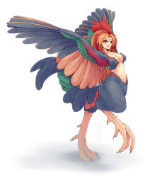 Rule 34 | 1girl, :d, breasts, claws, dunceneygak, feathered wings, from side, harpy, highres, looking at viewer, medium breasts, medium hair, monster girl, multicolored hair, multicolored wings, navel, nude, open mouth, orange hair, original, rooster comb, simple background, smile, solo, standing, standing on one leg, streaked hair, white background, winged arms, wings