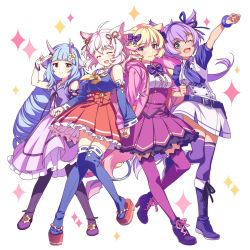 Rule 34 | 4girls, animal ear fluff, animal ears, bell, belt, belt buckle, blue hair, blue hairband, blush, boots, bow, buckle, buttons, cat ears, cat girl, closed eyes, delmin (show by rock!!), detached sleeves, double-breasted, drill hair, frills, hair bow, hair ribbon, hairband, high heels, highres, holding hands, howan (show by rock!!), light blue hair, long hair, looking at viewer, mashima himeko (show by rock!!), mikapoe, multicolored hair, multiple girls, nail polish, open mouth, pink hair, purple hair, purple legwear, ribbon, ruhuyu (show by rock!!), sailor collar, show by rock!!, sleeveless, smile, tail, thighhighs, two-tone dress, two-tone hair, very long hair